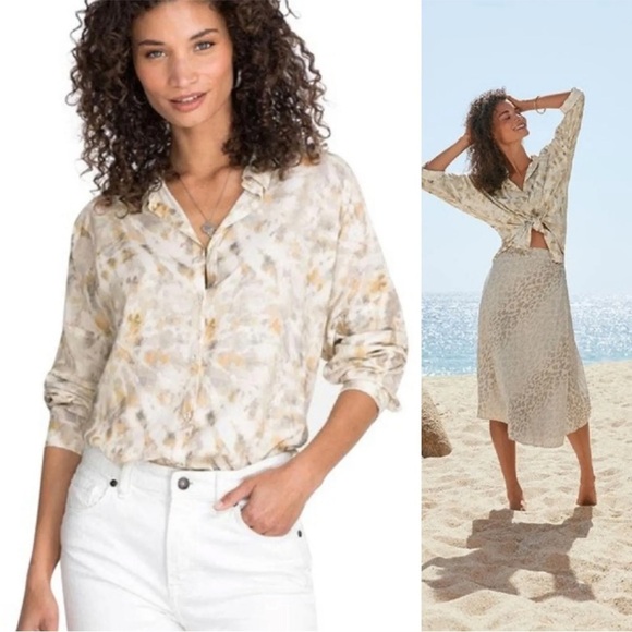 Johnny Was Calme Relaxed Boxy Button Up Blouse Creak Long Sleeve Tie Dye XS - Picture 2 of 11